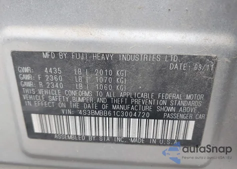 2012 Subaru Legacy 2.5I Premium from USA, damaged, VIN 4S3BMBB61C3004720